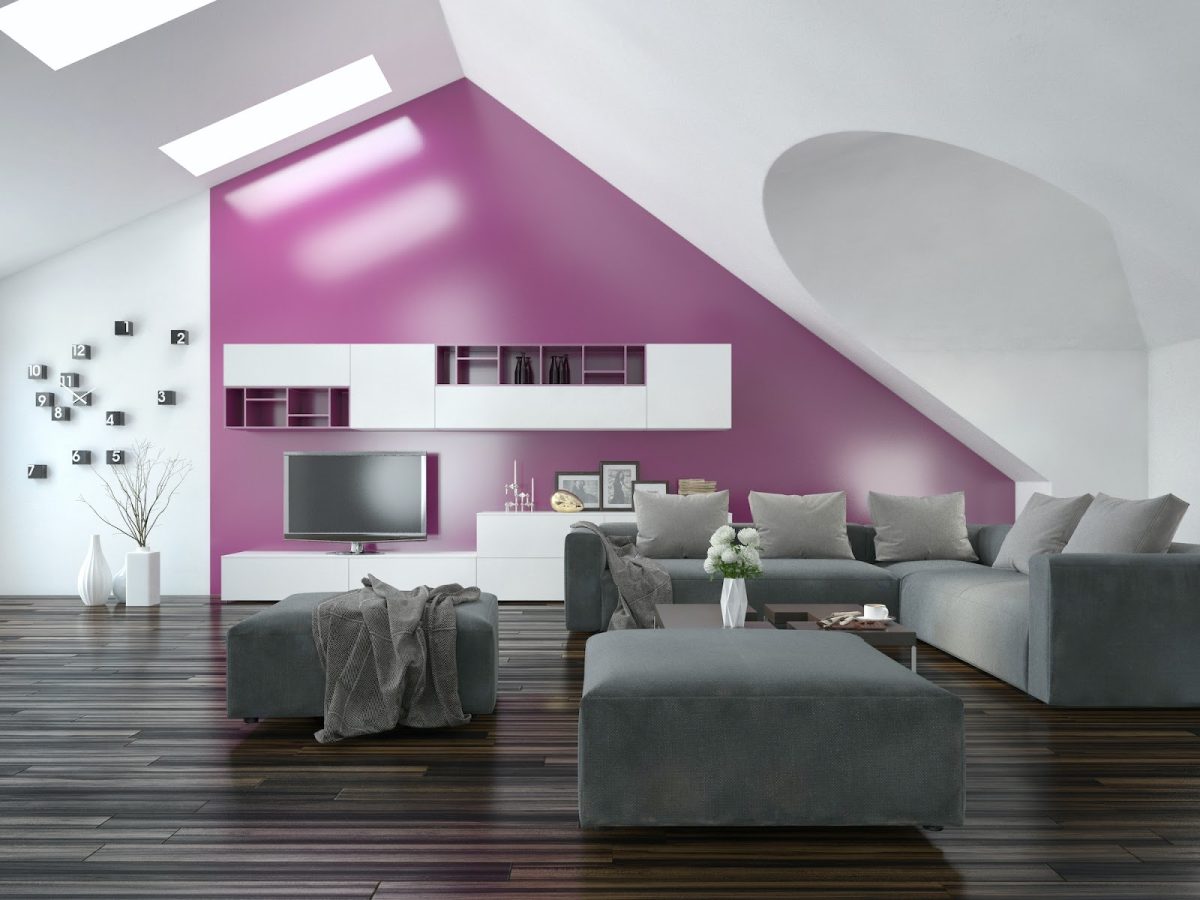 Purple accent wall in a lobby